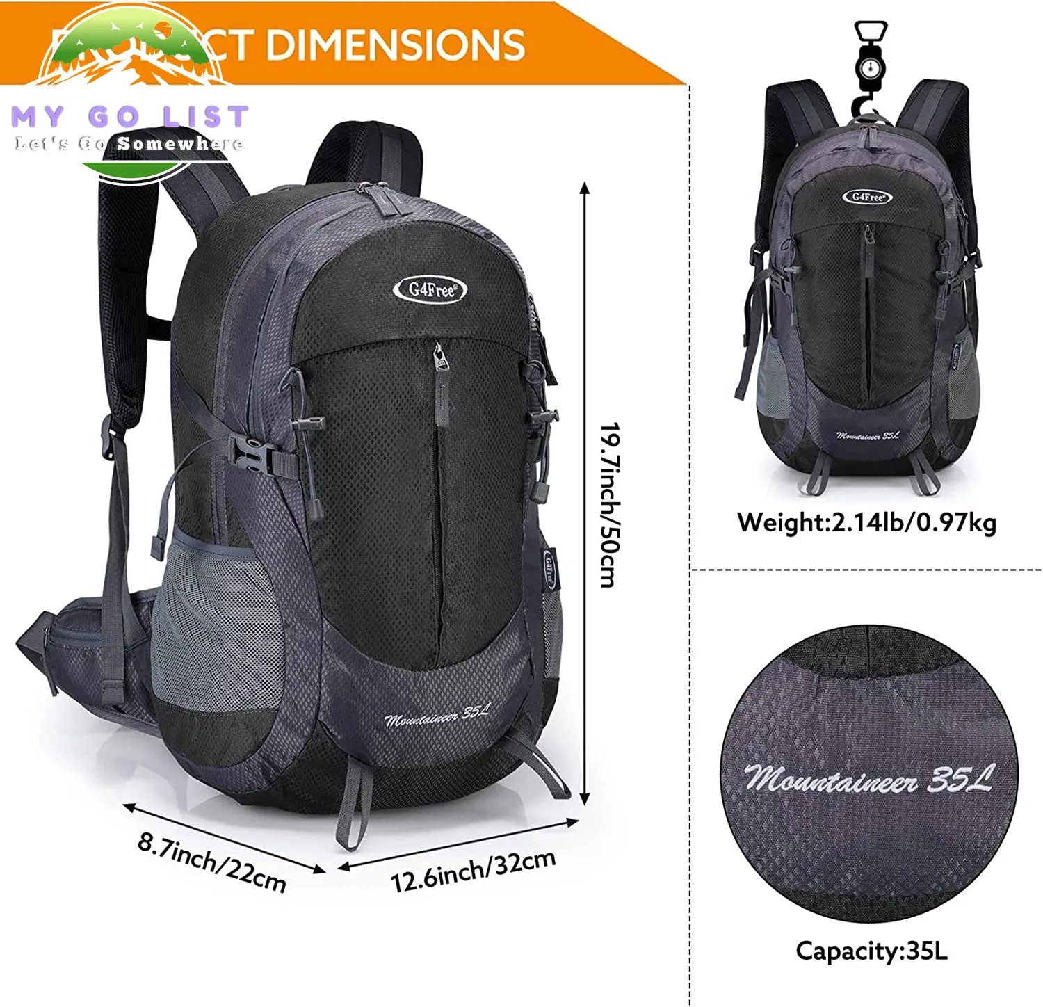 35L Hiking Backpack Water Resistant Travel Daypack