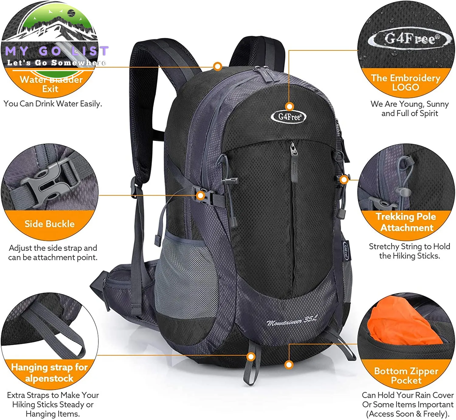 35L Hiking Backpack Water Resistant Travel Daypack