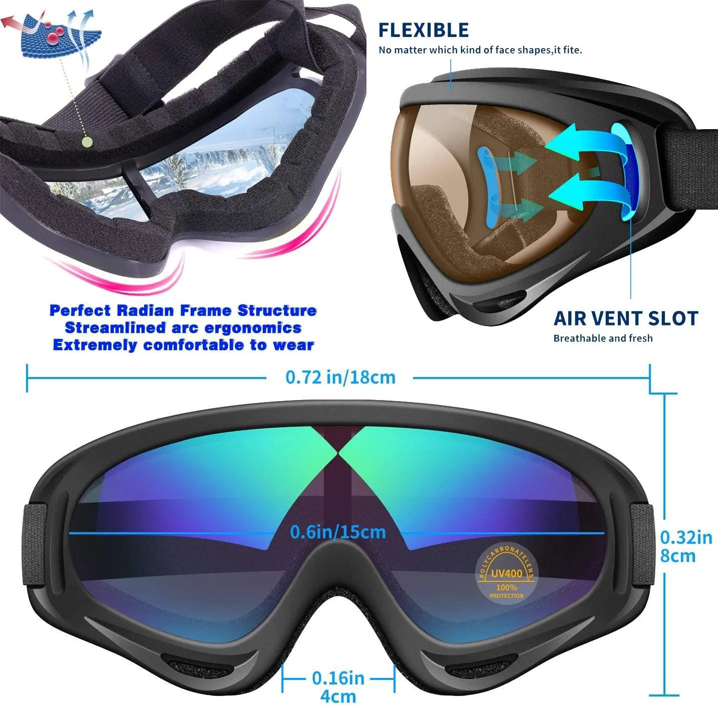 Anti-Glare Lenses-Ski Goggles Winter Sport Snowboard Goggles with UV 400 Protection