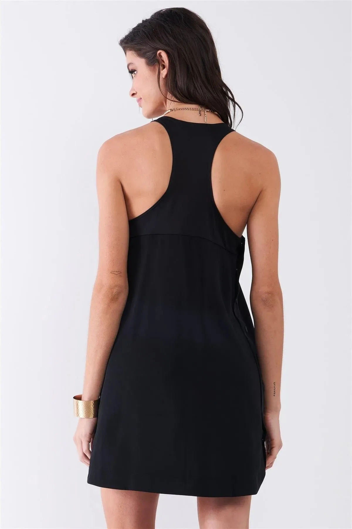 Black Sleeveless Crew Neck Side Snap Button Down Racerback Mini Tent Dress /1-2-2-1