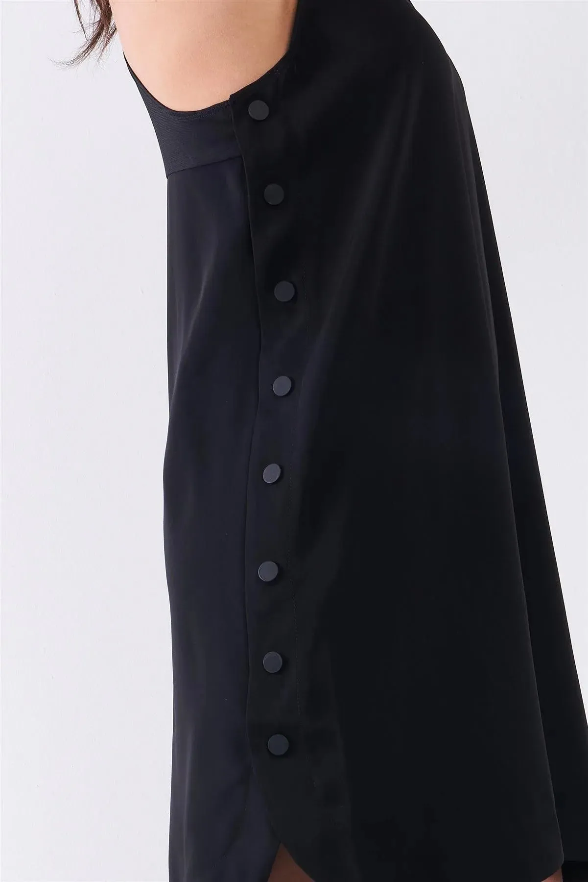 Black Sleeveless Crew Neck Side Snap Button Down Racerback Mini Tent Dress /1-2-2-1