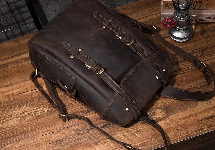 Coffee Cool Mens Leather Hiking Backpack Large Travel Backpack Leather Backpack for Men