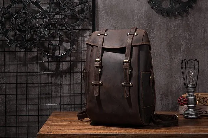 Coffee Cool Mens Leather Hiking Backpack Large Travel Backpack Leather Backpack for Men