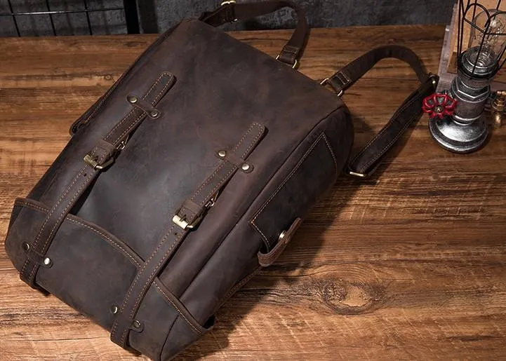 Coffee Cool Mens Leather Hiking Backpack Large Travel Backpack Leather Backpack for Men