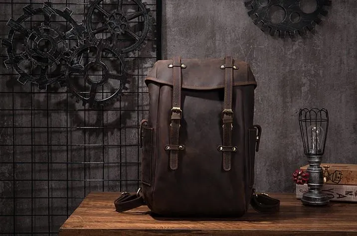 Coffee Cool Mens Leather Hiking Backpack Large Travel Backpack Leather Backpack for Men