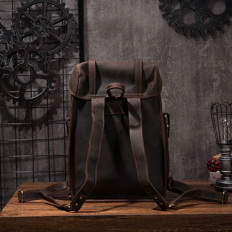 Coffee Cool Mens Leather Hiking Backpack Large Travel Backpack Leather Backpack for Men