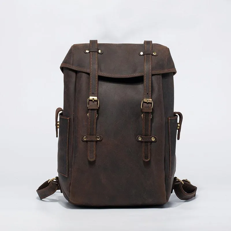 Coffee Cool Mens Leather Hiking Backpack Large Travel Backpack Leather Backpack for Men