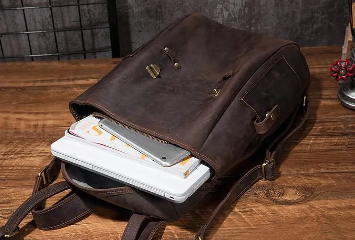 Coffee Cool Mens Leather Hiking Backpack Large Travel Backpack Leather Backpack for Men