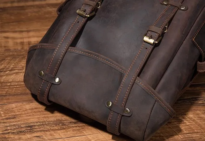 Coffee Cool Mens Leather Hiking Backpack Large Travel Backpack Leather Backpack for Men