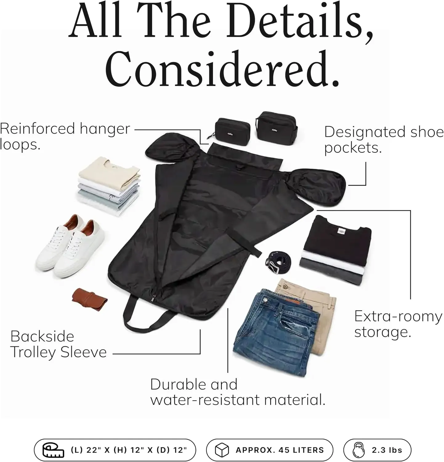 Convertible Garment Duffel Bag 45L  2-in-1 Carry-On Suit Travel Bag with Wrinkle-Free Hanging Compartment, Shoe Pockets & Trolley Sleeve  Weekender for Business Trips, Weddings & Getaways  Shadow