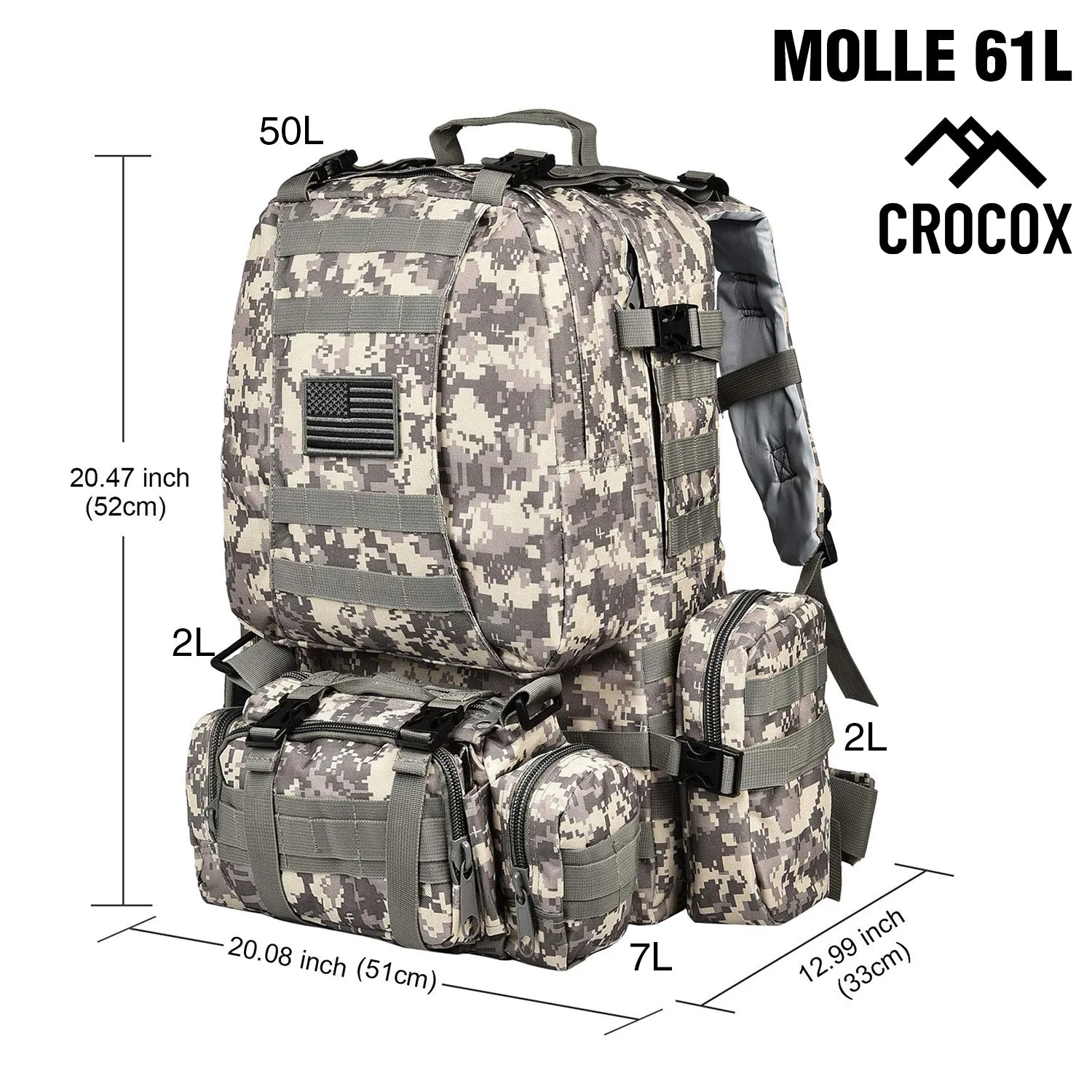 Crocox MOLLE Tactical Backpack Bag Military Pouches Rucksack Canvas Army Hiking