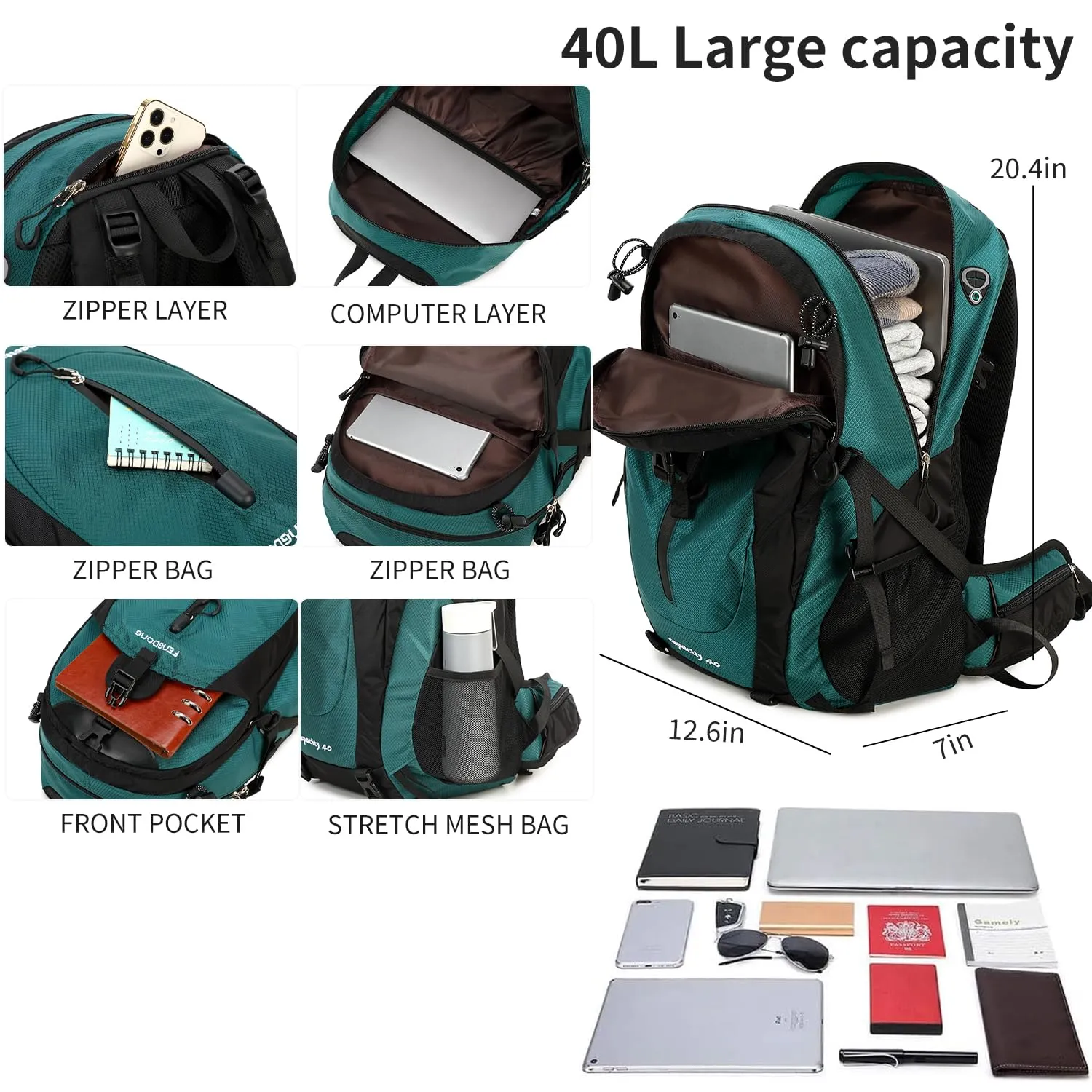 FENGDONG 40L Waterproof Lightweight Outdoor Daypack Hiking,Camping,Travel Backpack for Men Women Dark Green
